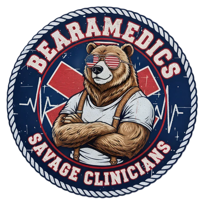 Round Bearamedics Savage Clinicians logo with a bear in flag sunglasses
